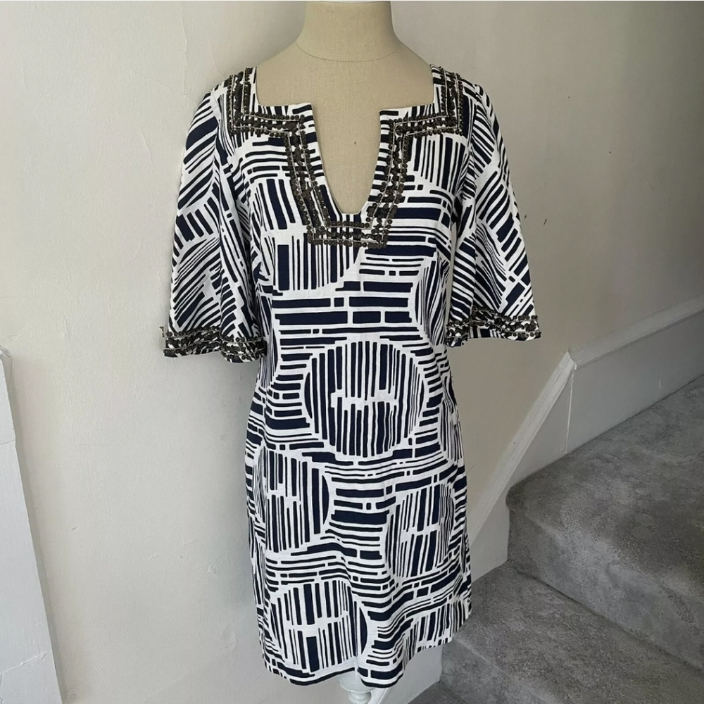 Trina Turk Navy White Cotton Lek Bamboo Forest Embellished Dress - Small